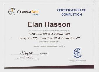 My Cardinal Path Training Certification of Completion AdWords 101-201 - Analytics 101-301